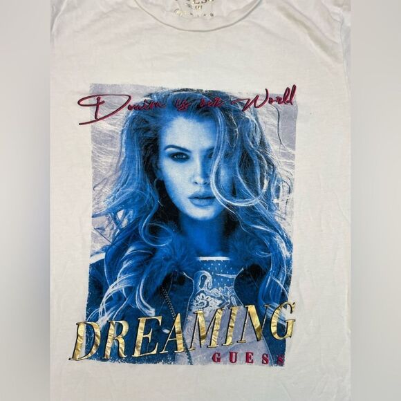 Guess Dreaming Denim Is Are World Graphic T-shirt Women XS White Short Sleeve - Picture 2 of 5